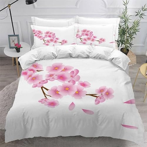 KLJFIGUT Bettwäsche 200x200 Kirschblüten 3 Teilig Mikrofaser Bettbezug für Kinder Jugendliche - Wendemotiv Bettbezüge mit Reißverschluss + 2 Kissenbezug 80x80 cm von KLJFIGUT