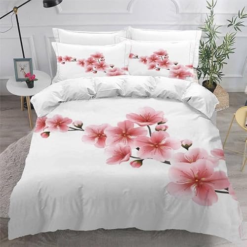 KLJFIGUT Bettwäsche 200x200 Kirschblüten 3 Teilig Mikrofaser Bettbezug für Kinder Jugendliche - Wendemotiv Bettbezüge mit Reißverschluss + 2 Kissenbezug 80x80 cm von KLJFIGUT