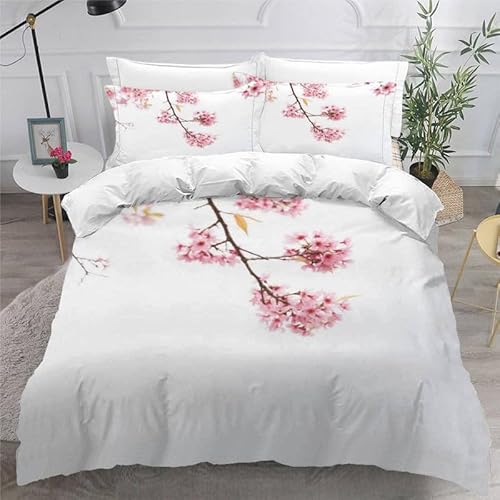 KLJFIGUT Bettwäsche 200x200 Kirschblüten 3 Teilig Mikrofaser Bettbezug für Kinder Jugendliche - Wendemotiv Bettbezüge mit Reißverschluss + 2 Kissenbezug 80x80 cm von KLJFIGUT