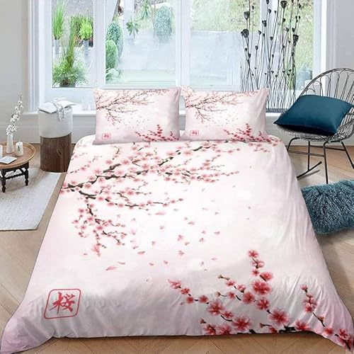 KLJFIGUT Bettwäsche 200x220 Kirschblüten Weiche Mikrofaser Bettbezug mit Reißverschluss, Atmungsaktive Bettbezüge und 2 Kissenbezug 80x80 für Kinder Erwachsene Jugendliche von KLJFIGUT