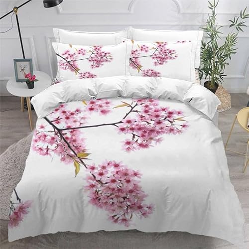 KLJFIGUT Bettwäsche 200x220 Kirschblüten Weiche Mikrofaser Bettbezug mit Reißverschluss, Atmungsaktive Bettbezüge und 2 Kissenbezug 80x80 für Kinder Erwachsene Jugendliche von KLJFIGUT