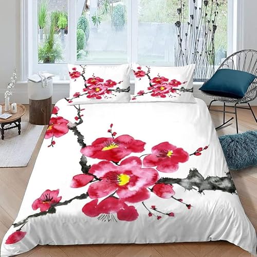 KLJFIGUT Bettwäsche 200x220 Kirschblüten Weiche Mikrofaser Bettbezug mit Reißverschluss, Atmungsaktive Bettbezüge und 2 Kissenbezug 80x80 für Kinder Erwachsene Jugendliche von KLJFIGUT