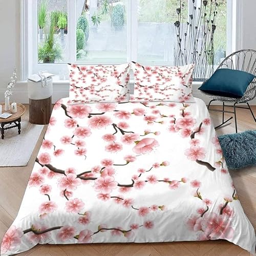 KLJFIGUT Bettwäsche 220x240 Kirschblüten Weiche Mikrofaser Bettbezug Set mit Reißverschluss, 1 Bettbezüge mit 2 Kissenbezug 80x80cm, Atmungsaktive Bettwäsche-Sets für Erwachsener von KLJFIGUT