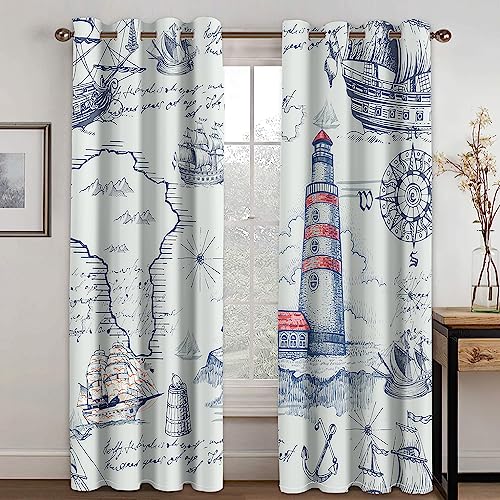 KLJFIGUT Vorhang Blickdicht mit Ösen Leuchtturm Verdunklungsvorhänge Gardinen 2er Set, Verdunkelung Geräuschreduzierung für Wohnzimmer Büro Schlafzimmer Kinderzimmer 140B X 175 H cm von KLJFIGUT
