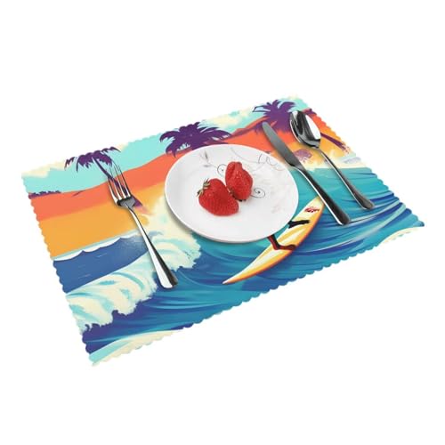 Hawaiianischer Surfer auf gewelltem Druck, für den täglichen Gebrauch, Set mit 4 Esstisch-Platzsets, waschbare Tischsets für Küchentuch Hawaiianischer Surfer auf gewelltem Druck, für den täglichen Gebrauch, Set mit 4 Esstisch-Platzsets, waschbare Tischsets für Küchentuch von KLJnmbb