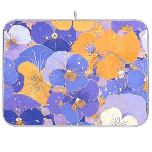 Abstrakte Blumen Orange Lila Stiefmütterchen Arbeitsplattenschutz Hitzebeständiges Abtropfgestell mit Matte, große Mikrofaser-Abtropfmatte, 45,7 x 61 cm von KLL