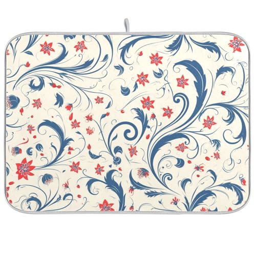 Abtropfmatte mit blauen Blättern und roten Blumen, Vintage-Design, Abtropfmatte für Geschirr, extra groß, 45,7 x 61 cm Abtropfmatte mit blauen Blättern und roten Blumen, Vintage-Design, Abtropfmatte für Geschirr, extra groß, 45,7 x 61 cm von KLL