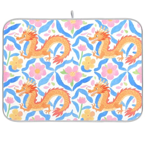 Abtropfmatte mit chinesischem Drachen-Blumenmuster, maschinenwaschbar, für Geschirr, 45,7 x 61 cm Abtropfmatte mit chinesischem Drachen-Blumenmuster, maschinenwaschbar, für Geschirr, 45,7 x 61 cm von KLL