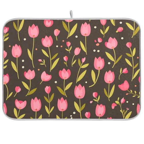 Abtropfmatte mit rosa Tulpen und grünen Blättern, flache Illustrationsstil, für die Arbeitsplatte, Geschirrtuch, Trockner, Mikrofaser, groß, 45,7 x 61 cm Abtropfmatte mit rosa Tulpen und grünen Blättern, flache Illustrationsstil, für die Arbeitsplatte, Geschirrtuch, Trockner, Mikrofaser, groß, 45,7 x 61 cm von KLL