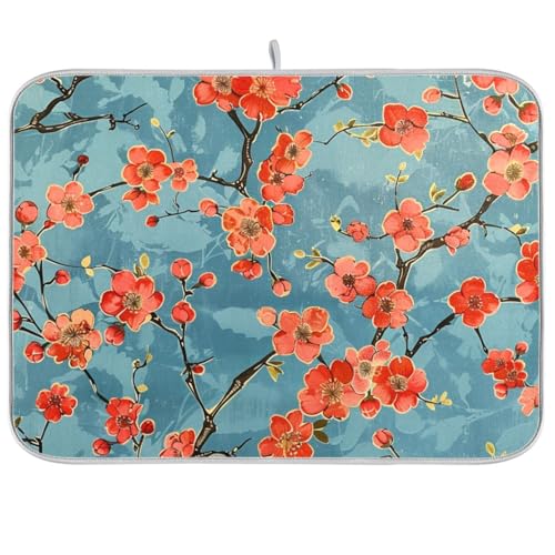 Abtropfmatte mit roten Blumen auf blauem Hintergrund, Geschirrspüler, Abtropfmatte, Jumbo, 45,7 x 61 cm Abtropfmatte mit roten Blumen auf blauem Hintergrund, Geschirrspüler, Abtropfmatte, Jumbo, 45,7 x 61 cm von KLL