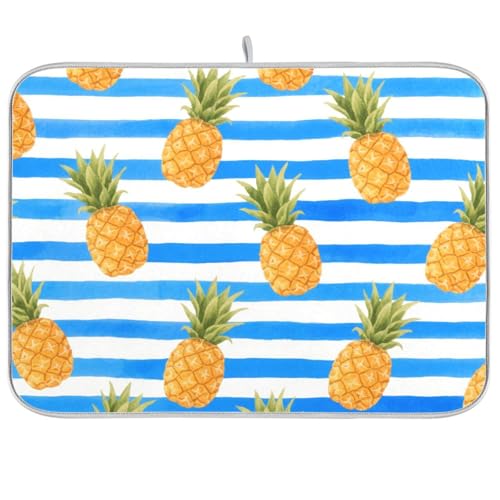 Blau-weiß gestreifte Obst-Ananas-Küchenarbeitsplatte für Küchentheke, extra große Abtropfmatte für Geschirr, 45,7 x 61 cm von KLL