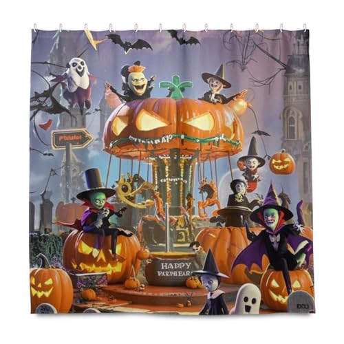 Böser orangefarbener Kürbis für Halloween, dekorativer wasserdichter Stoff, moderne Duschvorhänge mit Haken, Polyester-Stoff, waschbar, luxuriöser Vorhang, Auskleidung für Badezimmer, Herbstdekoration von KLL