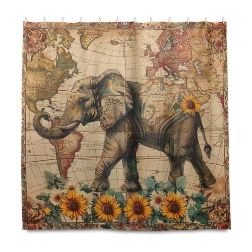 Boho Retro Elefant Sonnenblumen dekorativer Stoff, wasserabweisend, moderner Duschvorhang mit Haken, Polyestergewebe, waschbar, großer Duschvorhang, Auskleidung für Badezimmerzubehör, Herbstdekoration Boho Retro Elefant Sonnenblumen dekorativer Stoff, wasserabweisend, moderner Duschvorhang mit Haken, Polyestergewebe, waschbar, großer Duschvorhang, Auskleidung für Badezimmerzubehör, Herbstdekoration von KLL