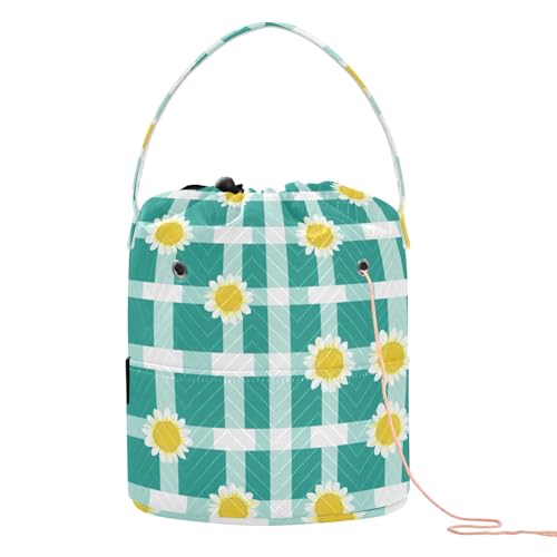 Buffalo Plaid Check Türkis Weiß Sonnenblume Garn Tasche mit Löchern Häkelrucksack für Strickwerkzeug Mochila Para Häkeln von KLL