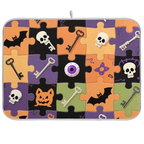 Buntes Halloween-Puzzle mit Totenkopf-Fledermaus-Trockner, Küche, Geschirrspülmatte, große Mikrofaser-Abtropfmatte, 45,7 x 61 cm Buntes Halloween-Puzzle mit Totenkopf-Fledermaus-Trockner, Küche, Geschirrspülmatte, große Mikrofaser-Abtropfmatte, 45,7 x 61 cm von KLL