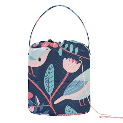 Cartoon-Garn-Tasche, blaugrün, rosa Blumen, Vögel, tragbare Tragetasche, Garn für Nadelhalter, Mochila para tejer von KLL