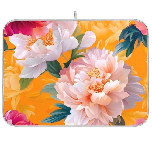 Cartoon-Pfingstrosen, orangefarbene Blume, Küchenzubehör für Arbeitsplatte, Trockenmatte für Geschirr, große Mikrofaser-Abtropfmatte, 45,7 x 61 cm Cartoon-Pfingstrosen, orangefarbene Blume, Küchenzubehör für Arbeitsplatte, Trockenmatte für Geschirr, große Mikrofaser-Abtropfmatte, 45,7 x 61 cm von KLL