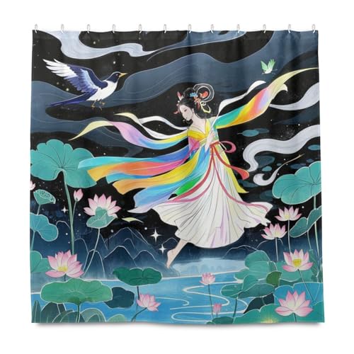 Chinesischer Chang 'e dekorativer Stoff, wasserdichter Vorhang für Badezimmer, mit Haken, Polyestergewebe, maschinenwaschbar, schicker Duschvorhang, Auskleidung für Badewanne, Herbstdekoration Chinesischer Chang 'e dekorativer Stoff, wasserdichter Vorhang für Badezimmer, mit Haken, Polyestergewebe, maschinenwaschbar, schicker Duschvorhang, Auskleidung für Badewanne, Herbstdekoration von KLL