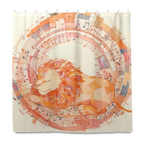 Duschvorhang-Set mit Haken, Motiv: Pfirsichlöwe, Notenblätter, Illustration, Kunst, dekoratives wasserdichtes Material, Badezimmer-Vorhang-Set mit Haken, Polyester-Tuch, waschbares Material Duschvorhang-Set mit Haken, Motiv: Pfirsichlöwe, Notenblätter, Illustration, Kunst, dekoratives wasserdichtes Material, Badezimmer-Vorhang-Set mit Haken, Polyester-Tuch, waschbares Material von KLL