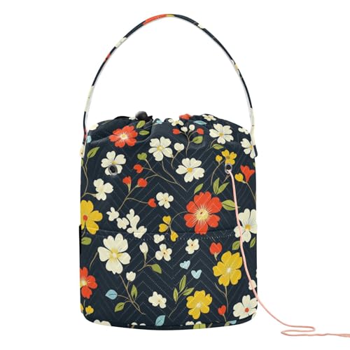 Häkelgarn-Tasche mit kleinen Blumen, tragbare Tasche mit Garn für Strickwerkzeug, Schwarz Häkelgarn-Tasche mit kleinen Blumen, tragbare Tasche mit Garn für Strickwerkzeug, Schwarz von KLL