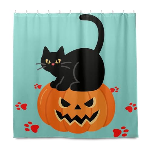 Halloween-Duschvorhang, Motiv: schwarze Katzen und Kürbisse, dekorativer wasserdichter Stoff, moderner Duschvorhang mit Haken, Polyester, maschinenwaschbar, für westliches Badezimmer, Herbstdekoration Halloween-Duschvorhang, Motiv: schwarze Katzen und Kürbisse, dekorativer wasserdichter Stoff, moderner Duschvorhang mit Haken, Polyester, maschinenwaschbar, für westliches Badezimmer, Herbstdekoration von KLL