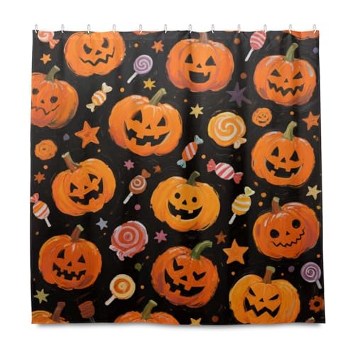Halloween-Duschvorhang, dekorativ, wasserdicht, mit Haken, Polyester, maschinenwaschbar, schicker Vorhang für Badezimmer, Herbstdekoration, Halloween-Dekoration, 183 x 183 cm, Gelb Halloween-Duschvorhang, dekorativ, wasserdicht, mit Haken, Polyester, maschinenwaschbar, schicker Vorhang für Badezimmer, Herbstdekoration, Halloween-Dekoration, 183 x 183 cm, Gelb von KLL
