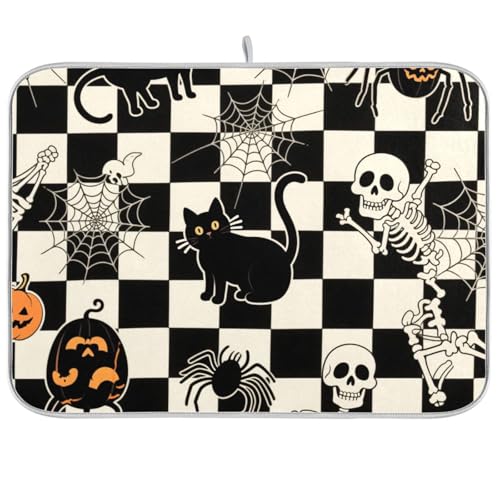 Halloween Schwarz karierter Kürbis Katze Schädel Trockner Küche Geschirr Abtropfmatte Mikrofaser Geschirr Abtropfmatte XL 45,7 x 61 cm Halloween Schwarz karierter Kürbis Katze Schädel Trockner Küche Geschirr Abtropfmatte Mikrofaser Geschirr Abtropfmatte XL 45,7 x 61 cm von KLL