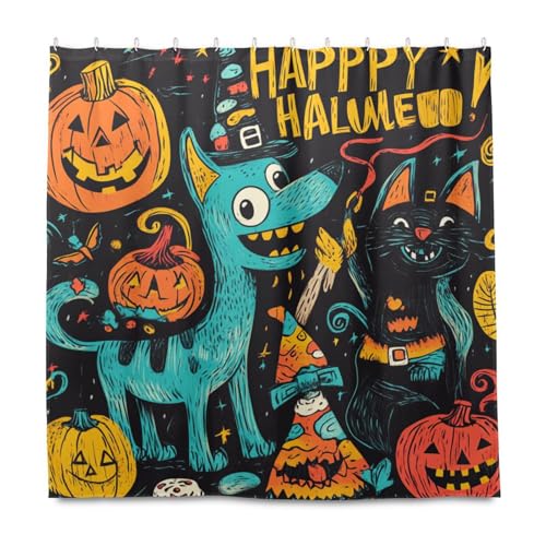 Happy Halloween Hunde-Duschvorhang-Set mit schwarzem Katzenkürbiss, dekoratives wasserdichtes Material, Badezimmer-Duschvorhang-Sets mit Haken, Polyester-Stoff, waschbar, Duschvorhang-Einlagen für Happy Halloween Hunde-Duschvorhang-Set mit schwarzem Katzenkürbiss, dekoratives wasserdichtes Material, Badezimmer-Duschvorhang-Sets mit Haken, Polyester-Stoff, waschbar, Duschvorhang-Einlagen für von KLL