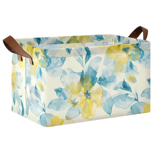 KLL Abstrakte Aquarell-Blume, Zitronengelb, Hellblau, dekorativer faltbarer Aufbewahrungskorb mit Griffen, faltbarer Schrank-Organizer für Regale zur Organisation von Regalen, Schränken KLL Abstrakte Aquarell-Blume, Zitronengelb, Hellblau, dekorativer faltbarer Aufbewahrungskorb mit Griffen, faltbarer Schrank-Organizer für Regale zur Organisation von Regalen, Schränken von KLL