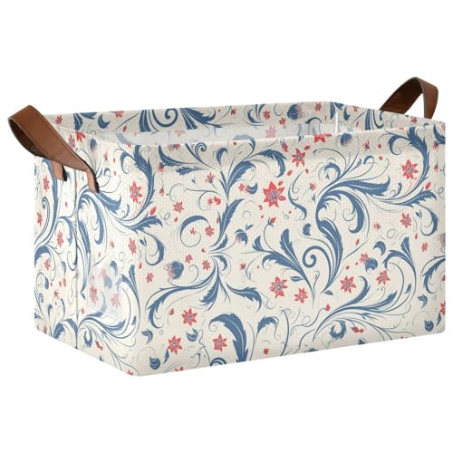 KLL Aufbewahrungskörbe aus Stoff im Vintage-Stil mit blauen Blättern und rotem Blumenmuster, Aufbewahrungskörbe mit Griffen, Würfel-Organizer für die Organisation von Regalen, Schrank, Kleiderschrank von KLL