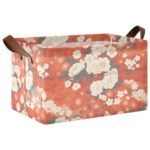 KLL Aufbewahrungskörbe im japanischen Stil, orangefarbene Blumen, würfelförmige Aufbewahrungskörbe mit Griffen, stabiler Schrank-Organizer für die Organisation von Kleidung, Spielzeug, Kinderzimmer, 2 von KLL