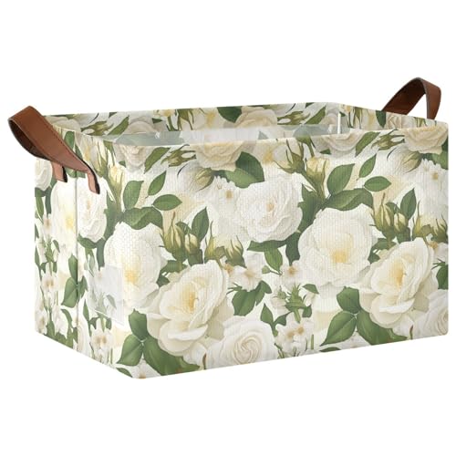 KLL Aufbewahrungskörbe mit weißen Rosen, grünen Blättern, gemustert, für Regale, dekorativ, groß, Schrank-Organizer mit Griffen, Stoff-Organizer für Kleider-Organizer und Aufbewahrung, 2 Stück von KLL