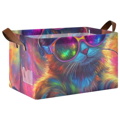 KLL Bunte Katzen-DJ mit Drehtellern, große Aufbewahrungskörbe, faltbare Organizer-Behälter mit Griffen, faltbare Würfel für Schlafzimmer, Wohnzimmer, Heimorganisation, 2 Stück von KLL