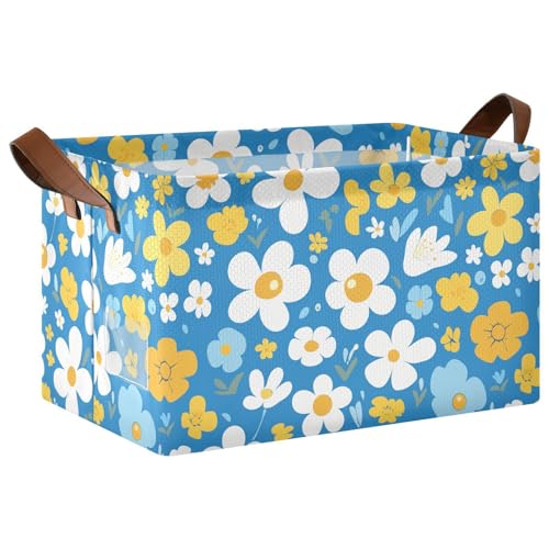 KLL Cartoon-Aufbewahrungskorb mit weißen gelben Blumen und blauem Hintergrund, faltbar, Organizer mit Griffen, Boxen, Würfel-Organizer für Regale, Schrank, Kinderzimmer, Spielzeug, 2 Stück KLL Cartoon-Aufbewahrungskorb mit weißen gelben Blumen und blauem Hintergrund, faltbar, Organizer mit Griffen, Boxen, Würfel-Organizer für Regale, Schrank, Kinderzimmer, Spielzeug, 2 Stück von KLL