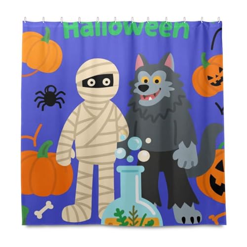 KLL Cartoon-Halloween-Duschvorhang-Set mit Haken, Polyester, waschbares Material, Vorhang für Badezimmer, Herbstdekoration, Halloween-Dekoration, 183 x 183 cm von KLL