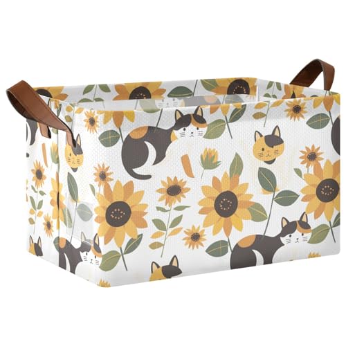 KLL Dekorative Schrankkörbe mit niedlicher Sonnenblumenkatze im Cartoon-Design, Stoff-Aufbewahrungskörbe mit Griffen, dekorativer Korb-Organizer für Schrank, Organizer, Regal, Schrank, Bücherregal, 2 von KLL