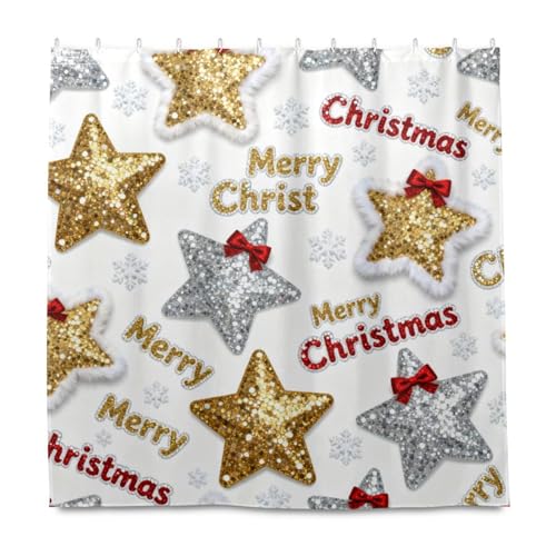 KLL Dekorativer wasserdichter Duschvorhang mit Haken, Motiv: Frohe Weihnachten, goldene Sterne, Polyester, maschinenwaschbar, für Waschraum, Herbstdekoration, Halloween-Dekoration, 183 x 183 cm KLL Dekorativer wasserdichter Duschvorhang mit Haken, Motiv: Frohe Weihnachten, goldene Sterne, Polyester, maschinenwaschbar, für Waschraum, Herbstdekoration, Halloween-Dekoration, 183 x 183 cm von KLL