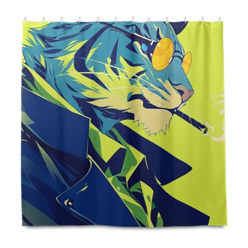 KLL Duschvorhang mit Haken, Polyester, waschbar, für Badezimmer, Herbstdekoration, Halloween-Dekoration, 183 x 183 cm, mintgrüne Tiger, cooles Design, wasserdicht, Stoff-Vorhang, Vorhang von KLL