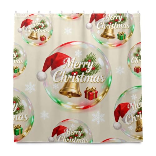KLL Frohe Weihnachten, gelbe Glocke, dekoratives wasserdichtes Material, Badezimmer-Duschvorhänge mit Haken, Polyester, beständig, waschbar, schicker Vorhang, Auskleidung für Badezimmerzubehör von KLL