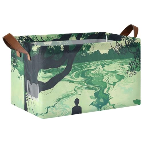KLL Green Lake Tree Art Shelf Storage Tote Basket Home Organizer with Handles Cube Organizer for Pantry Shelves Drawers Desktop Closet Classroom Office 2 Pack von KLL