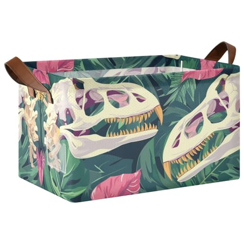 KLL Große Aufbewahrungsboxen mit Dinosaurier-Totenkopf-Motiv, Grün / Rosa, Monstera-Blätter, Aufbewahrungskörbe, Aufbewahrungskörbe mit Griffen, Stoff-Organizer für Organisation, 2 Stück von KLL