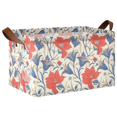 KLL Große Aufbewahrungsboxen mit roten Irisblumen, blauen Blättern, Bohemian-Stil, Aufbewahrungskörbe und Korb mit Griffen, stabiler Schrank-Organizer für Organisation, 2 Stück von KLL