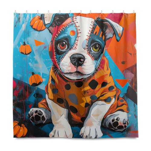 KLL Halloween-Welpe Memphis Kunststil, dekorativ, wasserabweisend, Badezimmer-Vorhänge, Dusch-Set mit Haken, Polyester, waschbares Stoffmaterial, Vorhangeinlage für Badezimmer, Dekoration von KLL