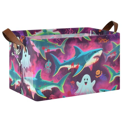 KLL Happy Halloween Aufbewahrungsboxen mit blauem Haifisch-Schädel, große Aufbewahrungskörbe, stabile Organizer-Behälter mit Griffen, faltbare Boxen für Schrank, Organizer, Regal, Schrank, Bücherregal KLL Happy Halloween Aufbewahrungsboxen mit blauem Haifisch-Schädel, große Aufbewahrungskörbe, stabile Organizer-Behälter mit Griffen, faltbare Boxen für Schrank, Organizer, Regal, Schrank, Bücherregal von KLL