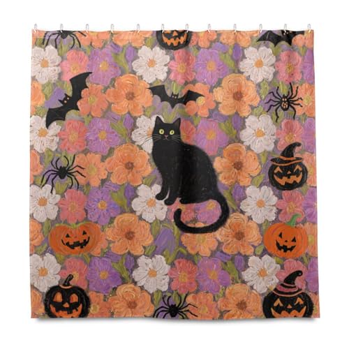 KLL Happy Halloween Duschvorhang mit schwarzem Katzenkürbis-Muster, dekorativ, wasserabweisend, mit Haken, Polyester, waschbar, Raumdusche, Auskleidung für Badezimmer, Herbstdekoration KLL Happy Halloween Duschvorhang mit schwarzem Katzenkürbis-Muster, dekorativ, wasserabweisend, mit Haken, Polyester, waschbar, Raumdusche, Auskleidung für Badezimmer, Herbstdekoration von KLL