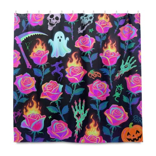 KLL Happy Halloween Rote Rose Dekorativer wasserdichter Vorhang für Badezimmer mit Haken, Polyester, maschinenwaschbarer Stoff, einfacher Duschvorhang, Auskleidung für Bad, dekorativ, Herbstdekoration von KLL
