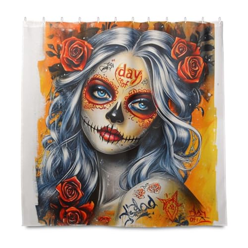 KLL Mexikanischer Zuckerschädel Mädchen dekorativer wasserdichter langer Stoff Duschvorhang mit Haken Polyester Stoff waschbar Vorhang Liner für Badezimmer Dekor Herbst Dekor Halloween Dekor 183 x 183 von KLL