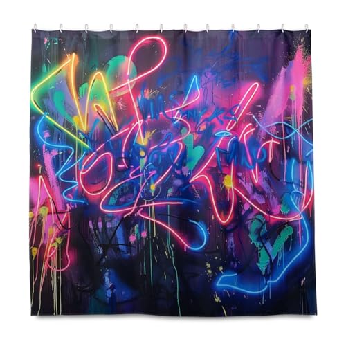 KLL Neon-Graffiti-Duschvorhang, wasserdicht, langer Stoff, Duschvorhang mit Haken, Polyester, beständig, waschbar, großer Duschvorhang, Auskleidung für Bad, Herbst, Dekoration, Halloween-Dekoration KLL Neon-Graffiti-Duschvorhang, wasserdicht, langer Stoff, Duschvorhang mit Haken, Polyester, beständig, waschbar, großer Duschvorhang, Auskleidung für Bad, Herbst, Dekoration, Halloween-Dekoration von KLL