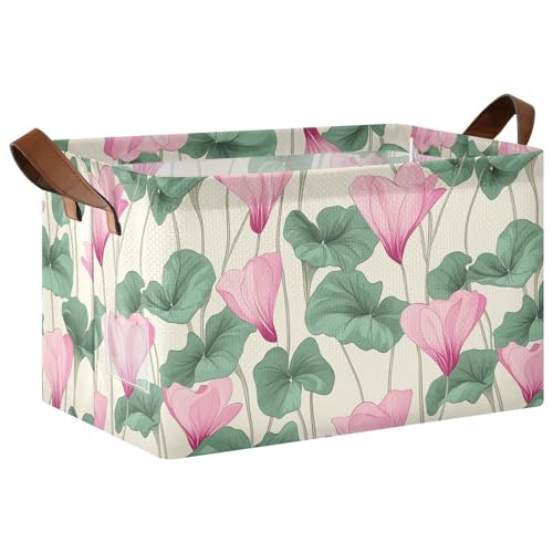 KLL Regalkörbe mit rosa Blumen, grünen Blättern, Aufbewahrungskörbe und Korb mit Griffen, Würfel-Organizer für Schrank, Stoff, Spielzeug, Geschenk, 2 Stück von KLL