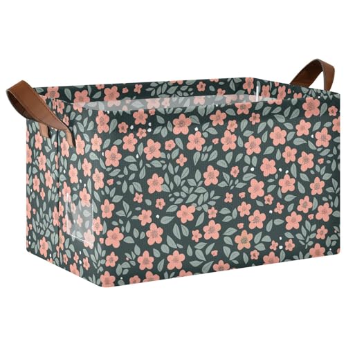 KLL Regalkörbe und Korb mit Griffen, Stoffwürfel, Organizer für Schrank, Regal, Kommode, orange-rosa Blumen, grüne Blätter, 2 Stück von KLL